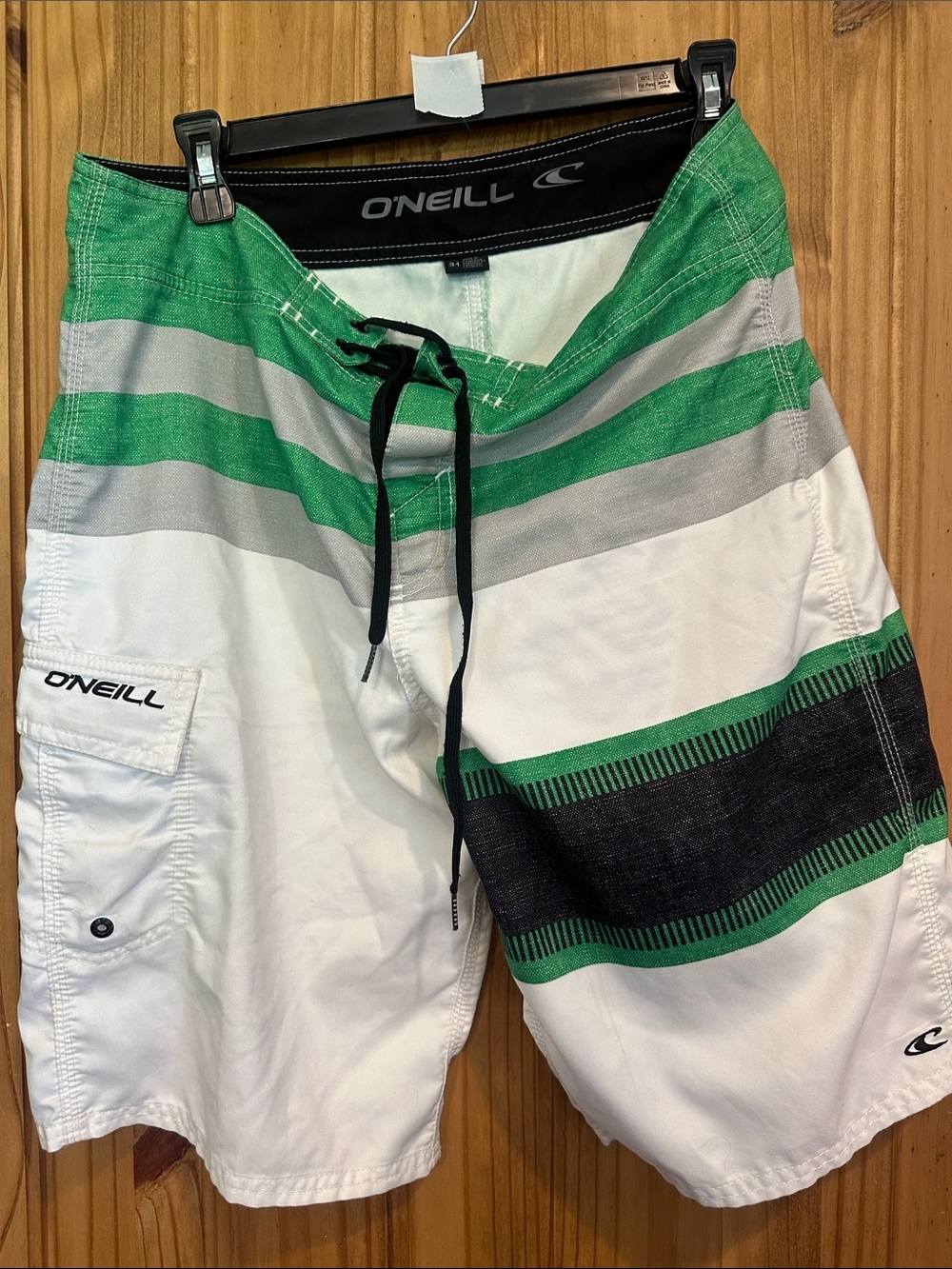 O'Neill Men's Green, Gray, Black & White Striped Board Shorts